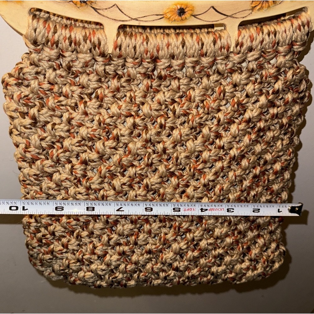 Vtg Handmade Macrame Wood Handle Carved Sunflowers Purse Boho 70's Style - Picture 8 of 12